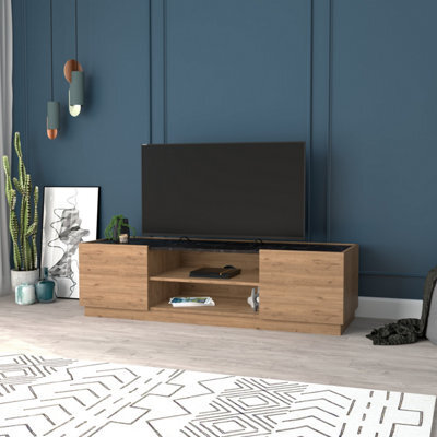 Wooden Tv Stand With Cable Management, 150 Cm Tv Unit For 65 Inch Tvs, Media Console For Living Room (Black Marble&oak, Etna) - image 1