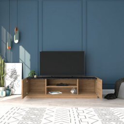 Wooden Tv Stand With Cable Management, 150 Cm Tv Unit For 65 Inch Tvs, Media Console For Living Room (Black Marble&oak, Etna) - thumbnail 3