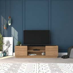 Wooden Tv Stand With Cable Management, 150 Cm Tv Unit For 65 Inch Tvs, Media Console For Living Room (Black Marble&oak, Etna) - thumbnail 2