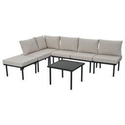Btm 6Pc Grey Rope Garden Lounge Set With Cushions, Galvanized Iron Frame, Glass Tabletop, Adjustable Feet, Beige - thumbnail 8