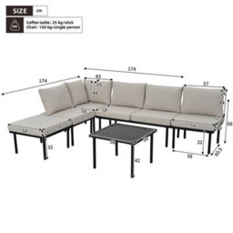 Btm 6Pc Grey Rope Garden Lounge Set With Cushions, Galvanized Iron Frame, Glass Tabletop, Adjustable Feet, Beige - thumbnail 3