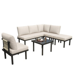 Btm 6Pc Grey Rope Garden Lounge Set With Cushions, Galvanized Iron Frame, Glass Tabletop, Adjustable Feet, Beige - thumbnail 7
