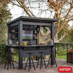 Keter Bar Gazebo 7Ft Outdoor Bar Shelter With Counter & Stemware Rack Sliding Panels, Weather-Resistant Resin, 230X200Cm
