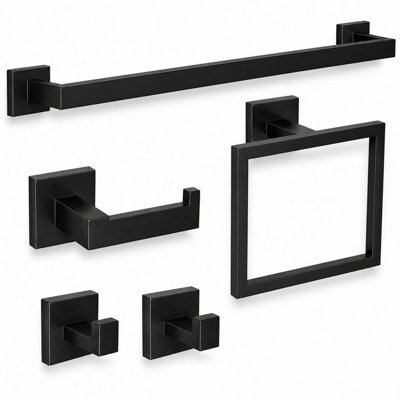 Billtix 5Pcs Matte Black Bathroom Accessories Set, 304 Stainless Steel Towel Rail, Square Ring, Toilet Holder Kit Wall Mounted Uk - image 1