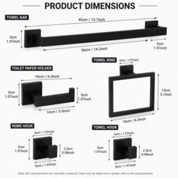 Billtix 5Pcs Matte Black Bathroom Accessories Set, 304 Stainless Steel Towel Rail, Square Ring, Toilet Holder Kit Wall Mounted Uk - thumbnail 2