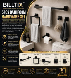 Billtix 5Pcs Matte Black Bathroom Accessories Set, 304 Stainless Steel Towel Rail, Square Ring, Toilet Holder Kit Wall Mounted Uk - thumbnail 3