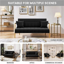Upholstered Sofa Couch With Gold-Tone Metal Arms And Legs Small Loveseat Black - thumbnail 6