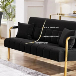 Upholstered Sofa Couch With Gold-Tone Metal Arms And Legs Small Loveseat Black - thumbnail 5