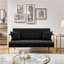 Upholstered Sofa Couch With Gold-Tone Metal Arms And Legs Small Loveseat Black - thumbnail 3