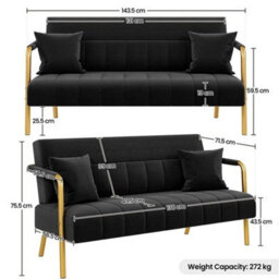 Upholstered Sofa Couch With Gold-Tone Metal Arms And Legs Small Loveseat Black - thumbnail 2