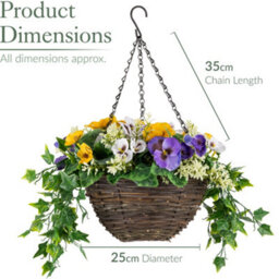 Christow Artificial Pansy Wicker Hanging Basket Uv Resistant Foliage White, Purple,yellow 25Cm - thumbnail 7