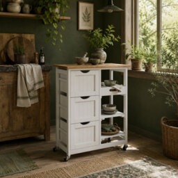 Wyld Haus Lonoronno Compact White Rolling Kitchen Island With Natural Wood Top, 3 Drawers, 3 Shelves