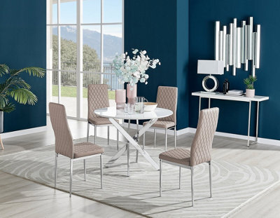 Furniturebox Novara White High Gloss 100Cm Round Dining Table With Chrome Starburst Legs & 4 Beige Milan Faux Leather Chairs - image 1