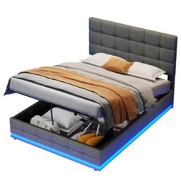 BTM 4Ft6 Ottoman Bed With Led Lighting, Pu Leather Upholstered, Hydraulic Storage, Adjustable Button Tufted Headboard, Grey - thumbnail 9