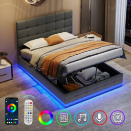 BTM 4Ft6 Ottoman Bed With Led Lighting, Pu Leather Upholstered, Hydraulic Storage, Adjustable Button Tufted Headboard, Grey