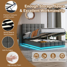 BTM 4Ft6 Ottoman Bed With Led Lighting, Pu Leather Upholstered, Hydraulic Storage, Adjustable Button Tufted Headboard, Grey - thumbnail 5