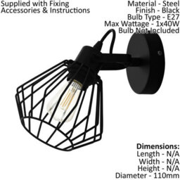 Stylish Black Wall Flush Ceiling Light With Open Wire Frame And E27 Bulb Holder - thumbnail 2