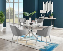 Furniturebox Uk Novara White Marble Round Dining Table & 4 Grey Calla Silver Leg Chairs