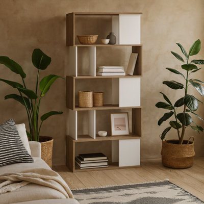 Wyld Haus Taichung 5-Shelf Hickory Effect And White Asymmetrical Bookcase - image 1