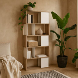 Wyld Haus Taichung 5-Shelf Hickory Effect And White Asymmetrical Bookcase - thumbnail 2