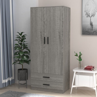 Urbnliving 180Cm Tall Wooden 2 Door Wardrobe Ash Grey Carcass And Ash Grey Drawers With 2 Drawers Bedroom Storage Hanging Bar - image 1