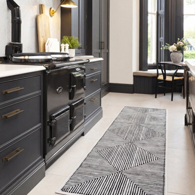 Loomed Black & White Geometric Abstract Machine Washable Soft Area Rug 80Cm X 300Cm - image 1