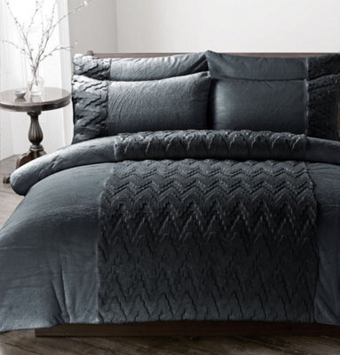 Homes & Linen Amari Teddy Fleece Charcoal Duvet Cover Set With Pillowcases Ultra Soft Plush Cosy Bedding Set - image 1