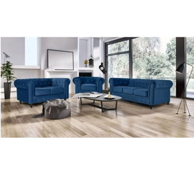 BlissFurniture Ltd Velvet Chesterfield Sofa Suite Armchair 2 & 3 Seater Sofa Set Plush Velvet Upholstery Foam Seat Cushions Scroll Arms In Blue - image 1