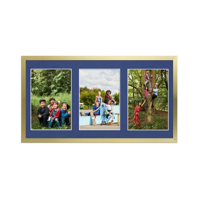 AK Frames 40X20Cm Gold Sleek Multi Photo Frame With Blue Mount - Holds 3 Apertures (3X) 6X4 Photos - image 1