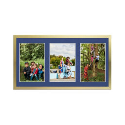 AK Frames 40X20Cm Gold Sleek Multi Photo Frame With Blue Mount - Holds 3 Apertures (3X) 6X4 Photos - thumbnail 1
