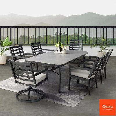 Xample Agio Formia 7 Piece Outdoor Dining Set, Sintered Stone Table, Swivel Rocker Chairs, Sunbrella Cushions, Cover Included