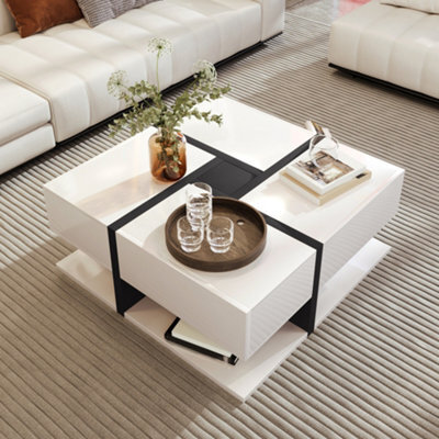Matteo Modern Square Coffee Table With 4 Drawers And Storage Shelf - Black And White High Gloss - image 1
