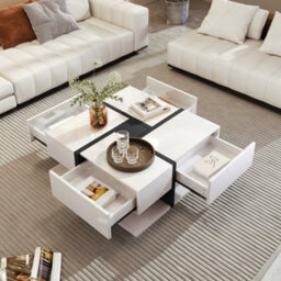 Matteo Modern Square Coffee Table With 4 Drawers And Storage Shelf - Black And White High Gloss - thumbnail 2