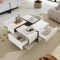 Matteo Modern Square Coffee Table With 4 Drawers And Storage Shelf - Black And White High Gloss - thumbnail 4