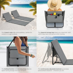 Tectake 2 Sun Lounger Mina - Set Of 2 - Padded Backrest, Foldable, With Shoulder Strap & Storage Bag - Grey/blue - thumbnail 5