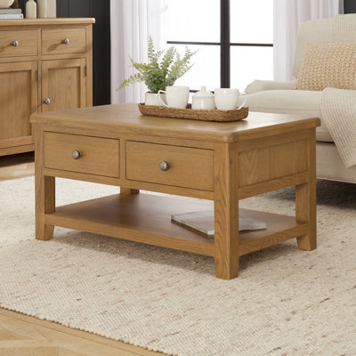 The Furniture Market Cotswold Rustic Smoked Oak 2 Drawer Coffee Table With Shelf - image 1