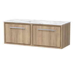 Hudson Reed Lille Wall Hung Two Drawer Contemporary Vanity Unit With Marble Worktop In Bleached Oak, 1210 X 460mm