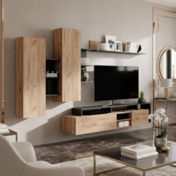 Alva Modern Living Room Wall Unit With Cabinets Shelving And Tv Stand Oakcraft And Anthracite - thumbnail 1