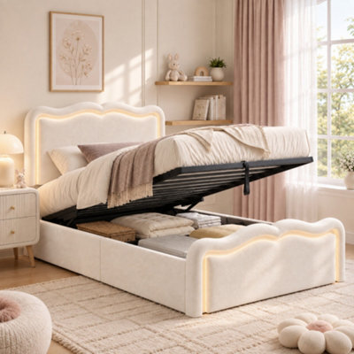 Btm 3Ft Single Ottoman Bed, Upholstered Hydraulic Storage Frame With Led Lights, Wave Headboard And Metal Slats, Cream White - image 1