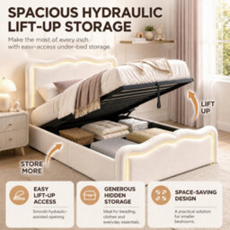 Btm 3Ft Single Ottoman Bed, Upholstered Hydraulic Storage Frame With Led Lights, Wave Headboard And Metal Slats, Cream White - thumbnail 8