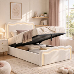 Btm 3Ft Single Ottoman Bed, Upholstered Hydraulic Storage Frame With Led Lights, Wave Headboard And Metal Slats, Cream White - thumbnail 1