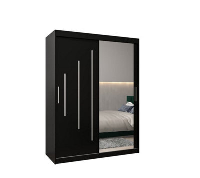Arte Stylish Black York Ii Sliding Door Wardrobe W1500mm H2000mm D620mm - Mirrored Storage With Silver Handles - image 1