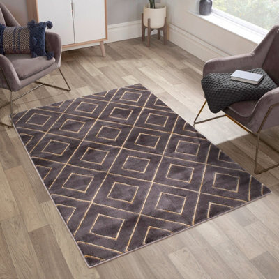 Dark Gold Geometric Modern Abstarct Rug Easy To Clean Living Room Bedroom And Dining Room -80Cm X 150Cm