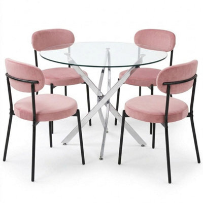 Oira Homes Modern Round Glass Dining Table Set With 4 Pink Velvet Chairs 4 Seater Dining Table Set - image 1