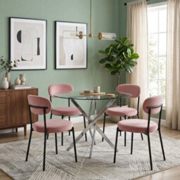 Oira Homes Modern Round Glass Dining Table Set With 4 Pink Velvet Chairs 4 Seater Dining Table Set - thumbnail 2