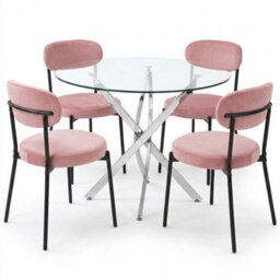 Oira Homes Modern Round Glass Dining Table Set With 4 Pink Velvet Chairs 4 Seater Dining Table Set - thumbnail 1