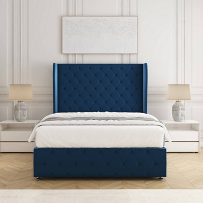 Bsspoke Faye Divan Bed Set Blue Plush Velvet 54Inch Wingedback Headboard & Footboard & Mattress No Drawers In All Sizes - image 1