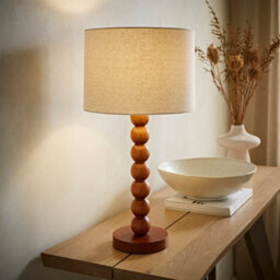 Valuelights Wyatt Natural Linen Drum Lamp Shade Walnut Wood Bobbin Table Lamp - thumbnail 2