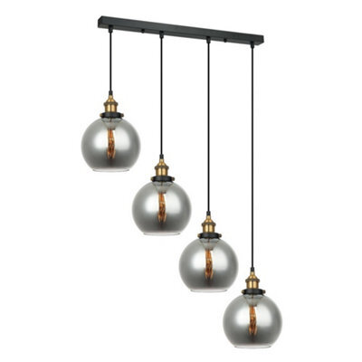 Luminosa Lighting Luminosa Industrial And Retro Hanging Pendant Black, Gold 4 Light  With Smoky Shade, E27 Dimmable