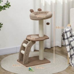 Pawhut Cat Tower With Sisal Scratch Post, Ball, Perch, Stairs, 88Cm, Brown - thumbnail 3